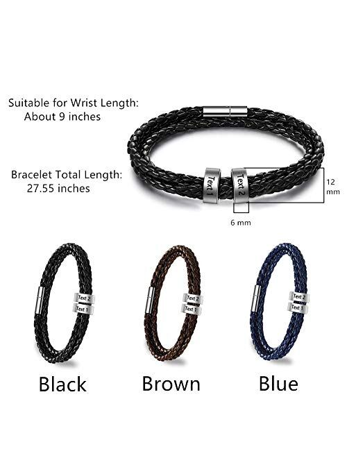 Novgarden Mens Leather Bracelets with 1-8 Engraved Beads Name, Custom Name Braid Bracelet Personalized Men's ID Bracelet for Dad, Grandpa