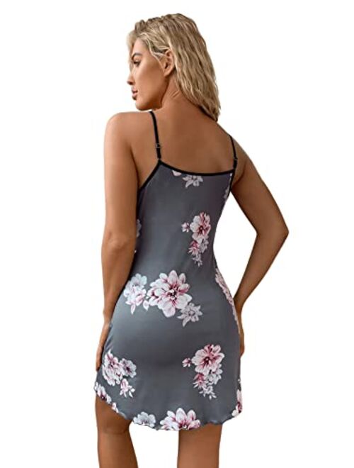 SweatyRocks Women's Floral Print Satin Dress Nightgown Cami Sleepwear Pajama Dress