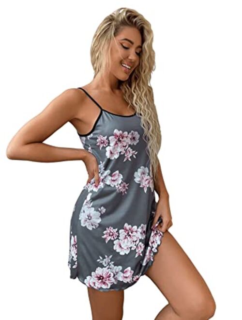 SweatyRocks Women's Floral Print Satin Dress Nightgown Cami Sleepwear Pajama Dress