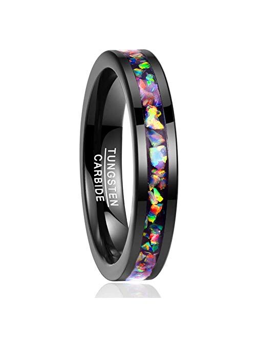 Vakki 4mm 8mm Black Tungsten Rings Inlaid with Crushed Created Opal Wedding Engagement Band for Men Women Comfort Fit Size 4-12