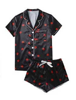 Women's Sleepwear Satin Short Sleeve Shirt and Shorts Pajama Set