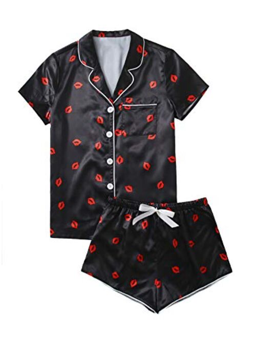 WDIRARA Women's Sleepwear Satin Short Sleeve Shirt and Shorts Pajama Set