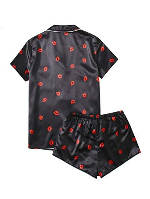 WDIRARA Women's Sleepwear Satin Short Sleeve Shirt and Shorts Pajama Set