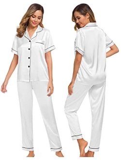 SWOMOG Womens Silk Satin Pajamas Loungewear Two-piece Sleepwear Button-Down Pj Set