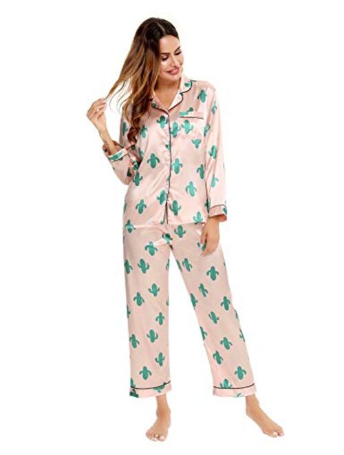 SWOMOG Womens Silk Satin Pajamas Loungewear Two-piece Sleepwear Button-Down Pj Set