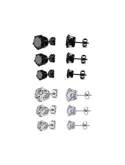K&Q 6 Pair Stainless Steel Mens Womens Stud Earrings Set Black and Clear Round Cubic Zirconia Inlaid Pierced Hypoallergenic 3-5mm(12PCS,3 Pairs Black,3 Pairs Clear)