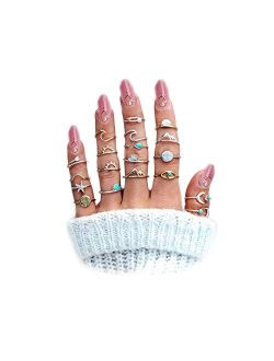 FUTIMELY Boho Retro Stackable Rings Sets for Teens Girls Women,Peak Sea Wave Compass Turquoise Rhinestone Knuckle Joint Finger Kunckle Nail Ring Sets