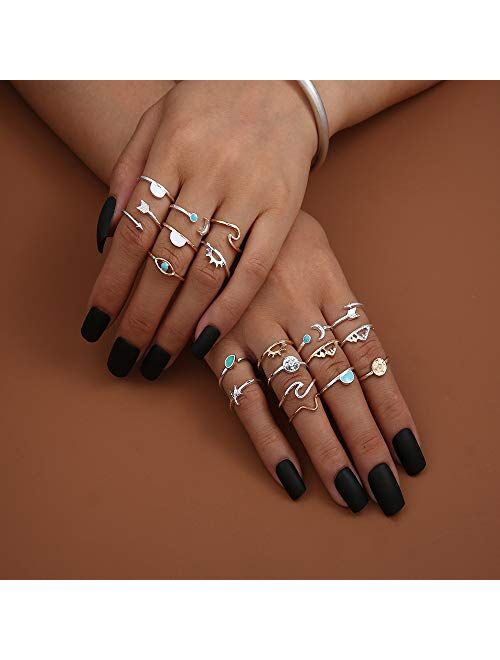 FUTIMELY Boho Retro Stackable Rings Sets for Teens Girls Women,Peak Sea Wave Compass Turquoise Rhinestone Knuckle Joint Finger Kunckle Nail Ring Sets