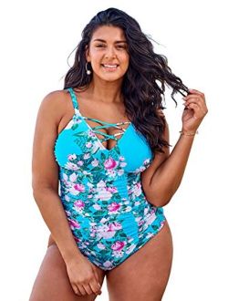 Women's Blue Floral Strappy Criss Cross Plus Size One Piece Swimsuit