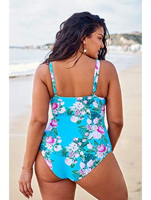CUPSHE Women's Blue Floral Strappy Criss Cross Plus Size One Piece Swimsuit