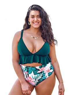 Women's High Waisted Green and Floral Ruffled Plus Size Bikini