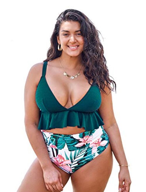 CUPSHE Women's High Waisted Green and Floral Ruffled Plus Size Bikini