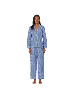 LAUREN RALPH LAUREN Cotton Woven Long Sleeve Notch Collar PJ Set Blue Stripe XL (US 16-18)
