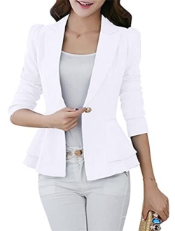 YMING Womens Slim One Button Blazer Solid Color Office Cardigan Long Sleeve Ruffle Hem Jacket Plus Size