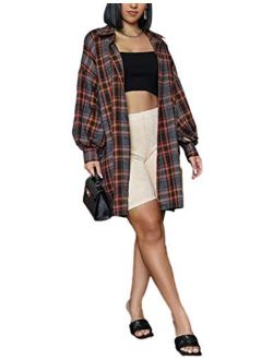 Omoone Women's Oversized Button Up Mid-Long Flannel Shacket Jacket with Lantern Sleeve