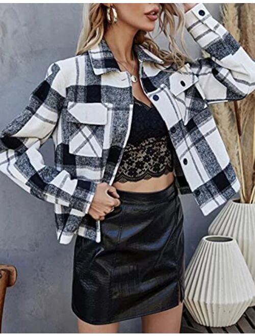 Peaceglad Women's Fashion Cropped Flannel Plaid Shacket Long Sleeve Button Down Jacket Coat