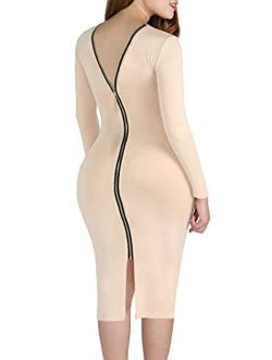 YMING Womens Zipper Back Bodycon Dress Sexy Club Dresses Solid Color Midi Dress Plus Size