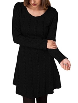 YMING Womens Cable Knit Crew Neck Sweater Dress Casual Solid Color Pullover Tops