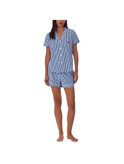 LAUREN RALPH LAUREN Cotton Short Sleeve Boxer PJ Set Blue Stripe MD (US 8-10)