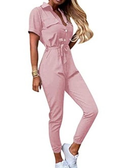 YMING Womens Casual Short Sleeve Jumpsuit Summer Lapel Collar Romper Overalls with Belt Plus Size