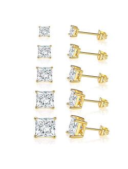 GEMSME 18K Gold Plated Princess Cut Clear Cubic Zirconia Stud Earrings Pack of 5