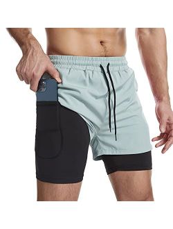 Surenow Mens 2 in 1 Running Shorts Quick Dry Athletic Shorts with Liner, Workout Shorts with Zip Pockets and Towel Loop