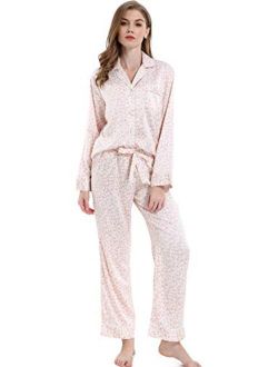 Serenedelicacy Women's Satin Pajama Set 2-Piece Sleepwear Loungewear Long Sleeve Button Down PJ Set