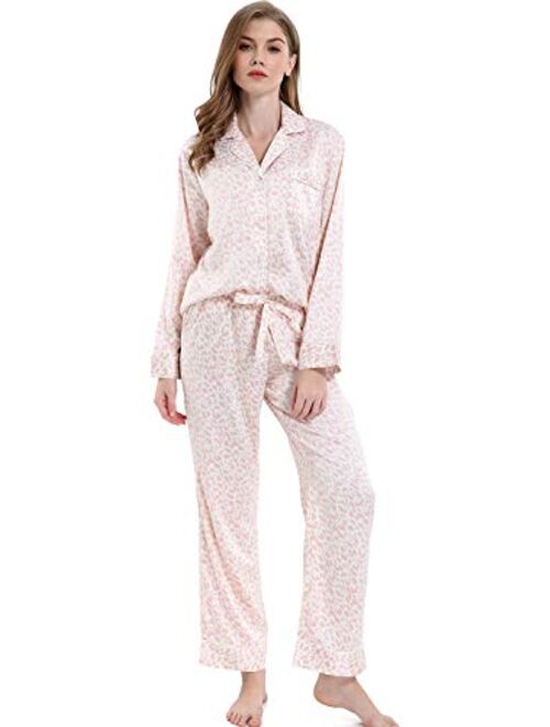 Serenedelicacy Women's Satin Pajama Set 2-Piece Sleepwear Loungewear Long Sleeve Button Down PJ Set