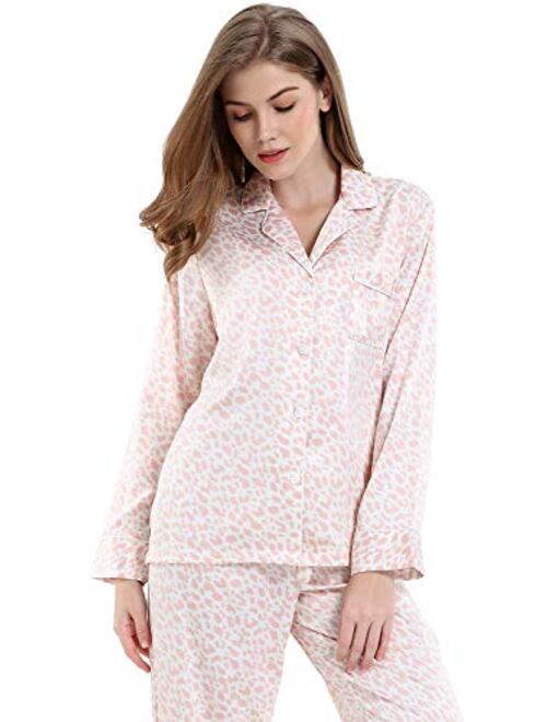 Serenedelicacy Women's Satin Pajama Set 2-Piece Sleepwear Loungewear Long Sleeve Button Down PJ Set