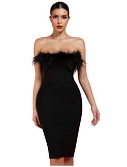 whoinshop Women's Sexy Off Shoulder Feather Bandage Evening Club Party Dress