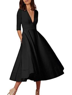 YMING Womens Vintage Deep V Neck Cocktail Dress 3/4 Sleeve Pleated Swing Dress Solid Color Maxi Dresses with Pockets