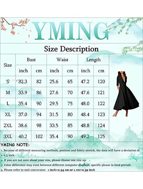 YMING Womens Vintage Deep V Neck Cocktail Dress 3/4 Sleeve Pleated Swing Dress Solid Color Maxi Dresses with Pockets