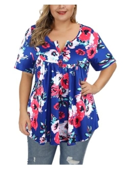 ALLEGRACE Women's Plus Size Floral Blouses Henley V Neck Button Up Tunic Tops Ruffle Flowy Short Sleeve T Shirts