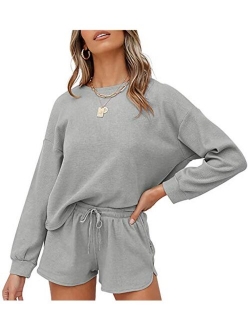 Women's Long Sleeve Pajama Set Henley Knit Tops and Shorts Sleepwear Loungewear