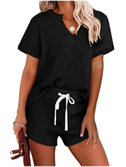 Women's Long Sleeve Pajama Set Henley Knit Tops and Shorts Sleepwear Loungewear