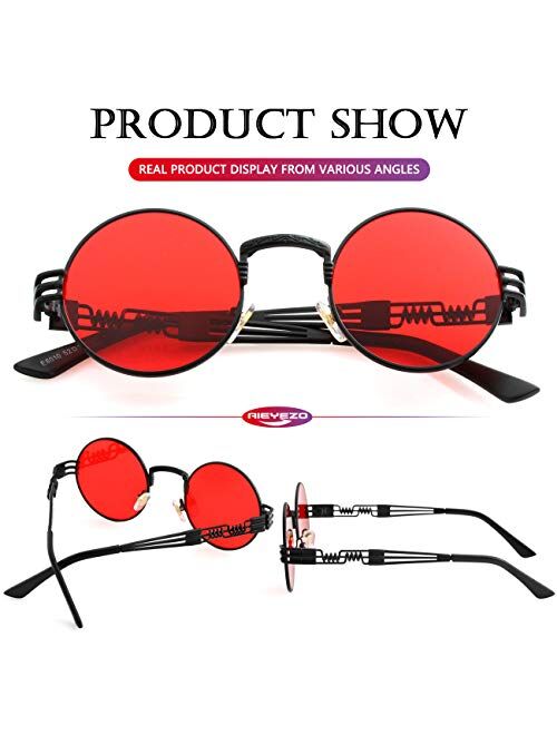 AIEYEZO Round Steampunk Sunglasses John Lennon Hippie Glasses Metal Frame 100% UV Blocking Lens