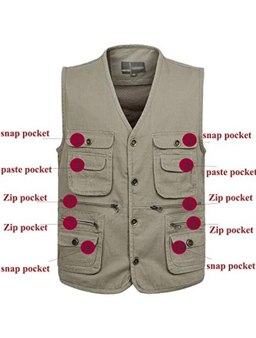 Flygo Men's Casual Cotton Outdoor Work Safari Travel Photo Vest with Multi Pockets