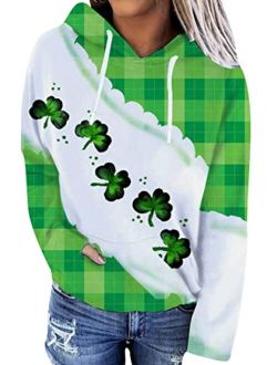 YMING Womens St. Patrick's Hoodie Clover Print Casual Long Sleeve Sweatshirt Irish Shamrock Pullover Tops