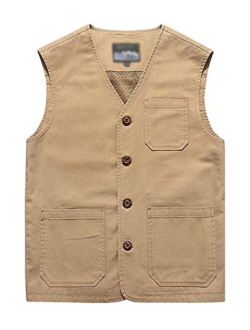 Flygo Men's Casual Cotton Outdoor-Fishing Travel Vest with Pockets