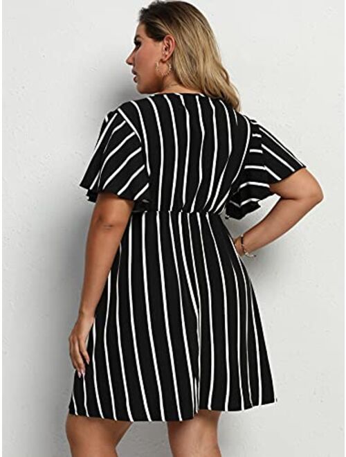 Floerns Women's Plus Size Striped Print Wrap V Neck Short Sleeve A Line Dress