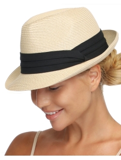 Fedora Straw Sun Hat for Men Women Foldable Roll Up Short Brim Trilby Hat Panama Beach Hat UPF 50