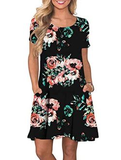 YMING Women's Plus Size Casual Floral Print Dress Summer Mini Shirt Dresses with Pockets