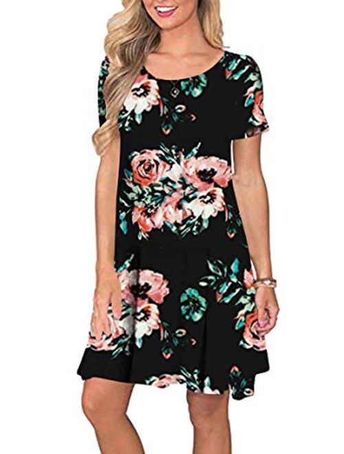 YMING Women's Plus Size Casual Floral Print Dress Summer Mini Shirt Dresses with Pockets