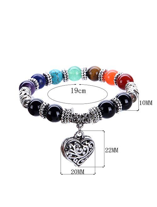 Hithop 10MM 7 Chakra Religion Healing Balance Stone Beaded Bracelet Yoga Reiki Charm Heart Bracelets