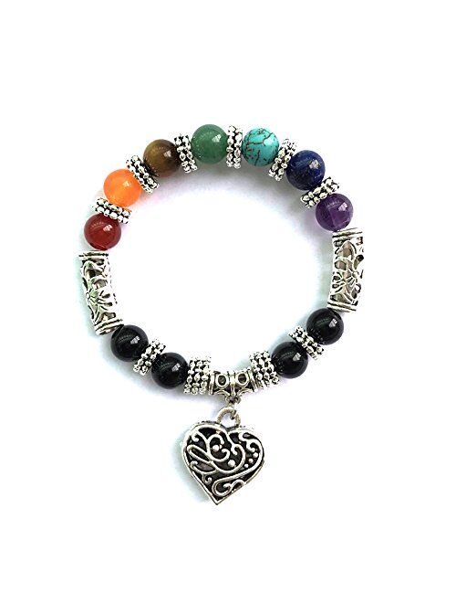 Hithop 10MM 7 Chakra Religion Healing Balance Stone Beaded Bracelet Yoga Reiki Charm Heart Bracelets