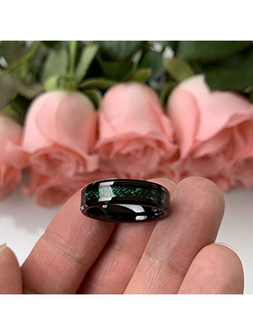 iTungsten 6mm 8mm Black Tungsten Carbide Rings for Men Women Wedding Bands Celtic Dragon Purple/Green/Red Carbon Fiber Inlay Beveled Edges Polished Comfort Fit