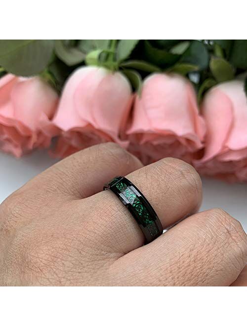 iTungsten 6mm 8mm Black Tungsten Carbide Rings for Men Women Wedding Bands Celtic Dragon Purple/Green/Red Carbon Fiber Inlay Beveled Edges Polished Comfort Fit