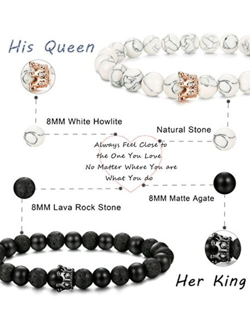 FIBO STEEL 4 Pcs Couples Bracelet for Men Women His & Her Crown Queen Bracelets Set 8mm Beads Bracelets