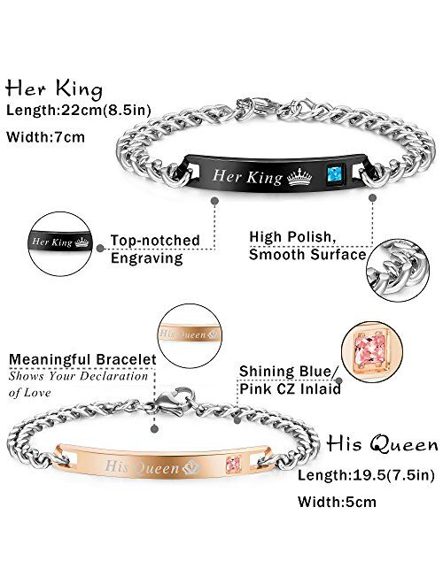 FIBO STEEL 4 Pcs Couples Bracelet for Men Women His & Her Crown Queen Bracelets Set 8mm Beads Bracelets