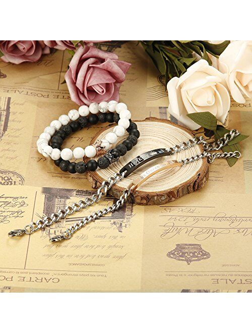 FIBO STEEL 4 Pcs Couples Bracelet for Men Women His & Her Crown Queen Bracelets Set 8mm Beads Bracelets